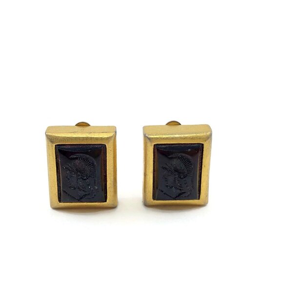 Clip On Earrings, Square Black Glass Intaglio Earrings, Vintage Clips - Picture 5 of 11